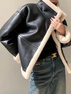 COMMENSE Fleece Lined Faux Leather Jacket* Outerwear|Jackets