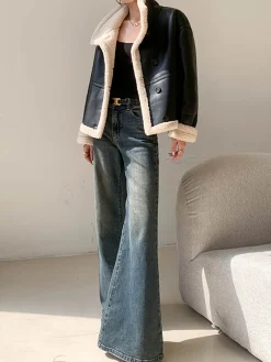 COMMENSE Fleece Lined Faux Leather Jacket* Outerwear|Jackets
