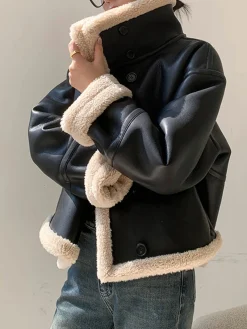 COMMENSE Fleece Lined Faux Leather Jacket* Outerwear|Jackets