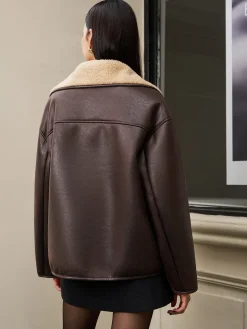 COMMENSE Fleecing Faux Leather Lapel Jacket* Outerwear|Jackets
