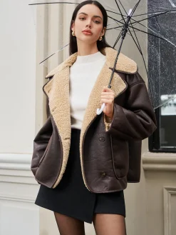 COMMENSE Fleecing Faux Leather Lapel Jacket* Outerwear|Jackets