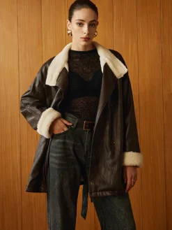 COMMENSE Fleecing PU Leather Belted Jacket* Outerwear|Jackets