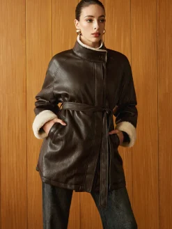 COMMENSE Fleecing PU Leather Belted Jacket* Outerwear|Jackets