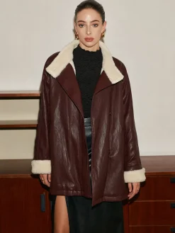 COMMENSE Fleecing PU Leather Belted Jacket* Outerwear|Jackets