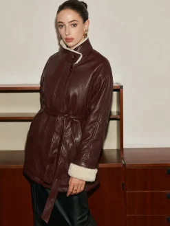 COMMENSE Fleecing PU Leather Belted Jacket* Outerwear|Jackets