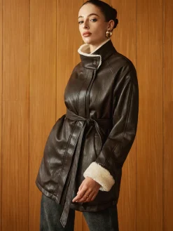 COMMENSE Fleecing PU Leather Belted Jacket* Outerwear|Jackets