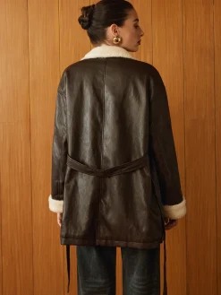 COMMENSE Fleecing PU Leather Belted Jacket* Outerwear|Jackets