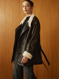 COMMENSE Fleecing PU Leather Belted Jacket* Outerwear|Jackets