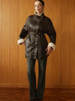 COMMENSE Fleecing PU Leather Belted Jacket* Outerwear|Jackets