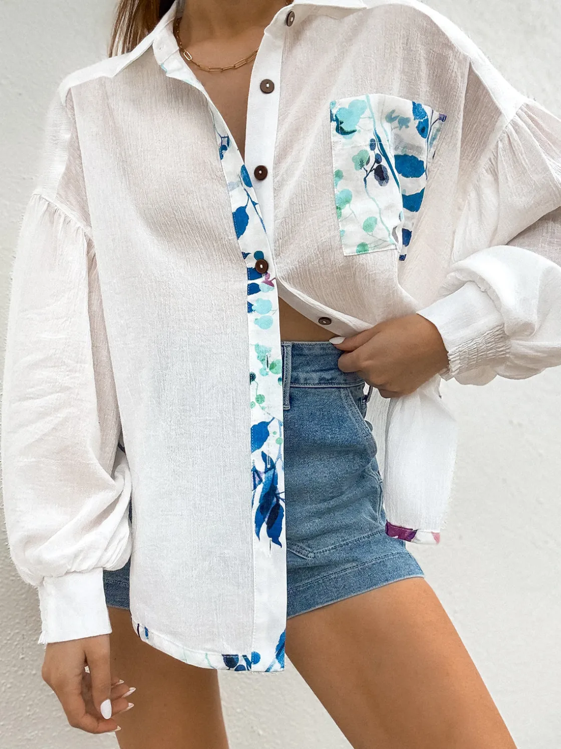 COMMENSE Floral Button Up Bishop Sleeve Shirt* Blouses & Shirts