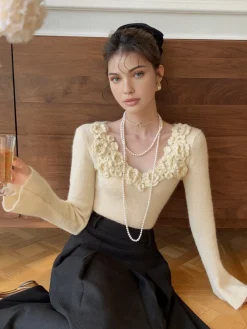 COMMENSE Floral Collar Ribbed Knit Top* Sweater Tops|Sweaters & Cardigans