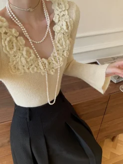 COMMENSE Floral Collar Ribbed Knit Top* Sweater Tops|Sweaters & Cardigans
