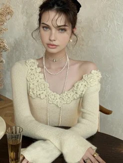 COMMENSE Floral Collar Ribbed Knit Top* Sweater Tops|Sweaters & Cardigans