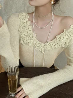 COMMENSE Floral Collar Ribbed Knit Top* Sweater Tops|Sweaters & Cardigans