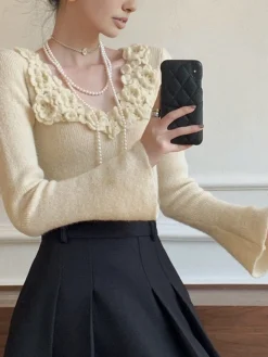 COMMENSE Floral Collar Ribbed Knit Top* Sweater Tops|Sweaters & Cardigans