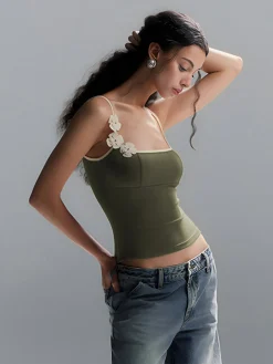 COMMENSE Floral Contrast Trim Bodycon Cami Top* Tank Tops & Camis|Tops