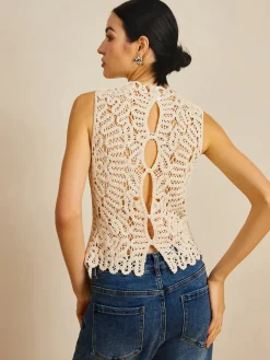 COMMENSE Floral Crochet Hollow Out Sweater Vest* Sweater Vests|Sweaters & Cardigans