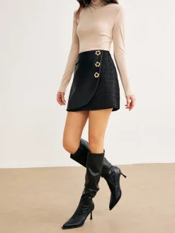 COMMENSE Floral Decor Faux Leather Panel Skirt* Skirts|Bottoms