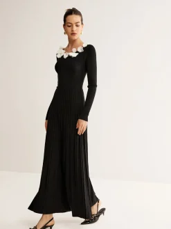 COMMENSE Floral Decor Pleated Sweater Dress* Black Dresses|Sweater Dresses