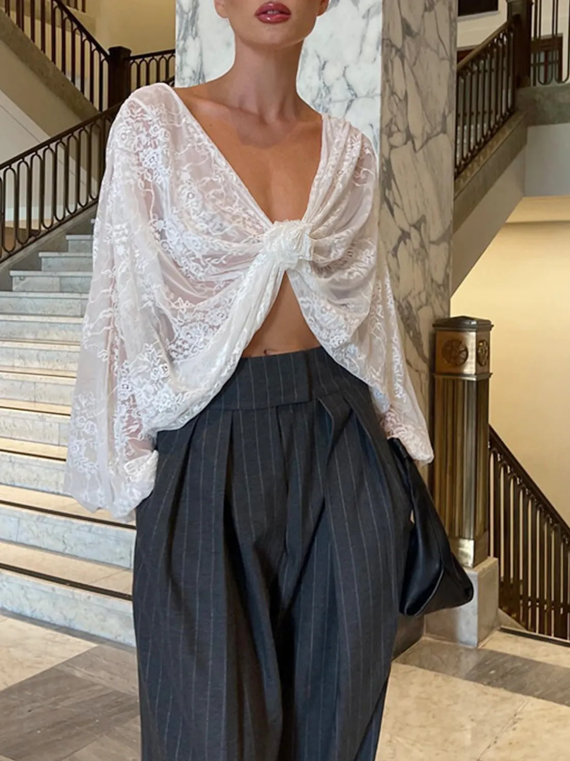 COMMENSE Floral Decor Twisted Lace Semi-sheer Blouse* Blouses & Shirts|Tops
