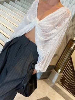 COMMENSE Floral Decor Twisted Lace Semi-sheer Blouse* Blouses & Shirts|Tops