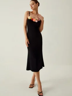COMMENSE Floral Detail Slim Midi Dress* Black Dresses|Floral Dresses