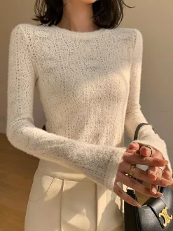 COMMENSE Floral Hollow Knit Crew Neck Long Sleeve Top* T-shirts|Knitwear