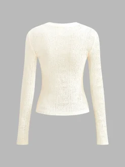 COMMENSE Floral Hollow Knit Crew Neck Long Sleeve Top* T-shirts|Knitwear