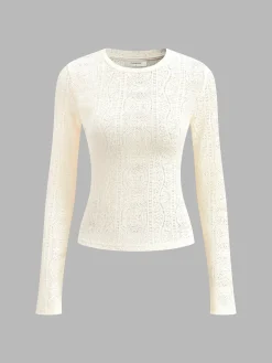 COMMENSE Floral Hollow Knit Crew Neck Long Sleeve Top* T-shirts|Knitwear
