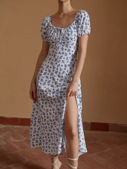 COMMENSE Floral Knotted Split Long Dress* Casual Dresses|Floral Dresses