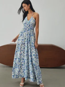 COMMENSE Floral Print Halter Long Dress* Floral Dresses|Vacation Dresses