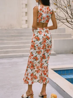 COMMENSE Floral Print Knotted Cutout Split Long Dress* Casual Dresses|Floral Dresses