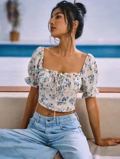 COMMENSE Floral Print Knotted Shirred Blouse* Blouses & Shirts|Tops