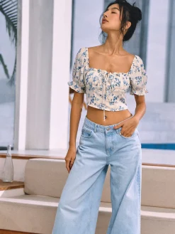 COMMENSE Floral Print Knotted Shirred Blouse* Blouses & Shirts|Tops