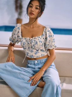 COMMENSE Floral Print Knotted Shirred Blouse* Blouses & Shirts|Tops