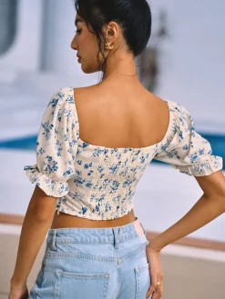 COMMENSE Floral Print Knotted Shirred Blouse* Blouses & Shirts|Tops