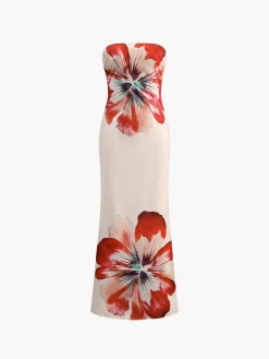 COMMENSE Floral Print Off-Shoulder Tube Long Dress* White Dresses|Floral Dresses