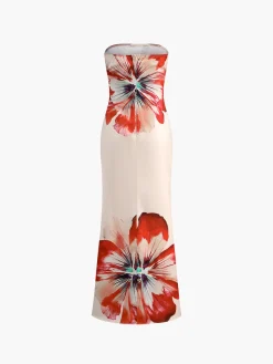 COMMENSE Floral Print Off-Shoulder Tube Long Dress* White Dresses|Floral Dresses
