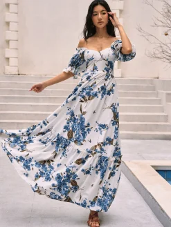 COMMENSE Floral Print Puff Sleeve Long Dress* Casual Dresses|Floral Dresses