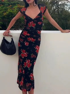 COMMENSE Floral Print Ruched Side Midi Dress* Black Dresses|Casual Dresses