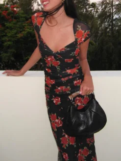 COMMENSE Floral Print Ruched Side Midi Dress* Black Dresses|Casual Dresses