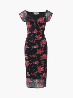 COMMENSE Floral Print Ruched Side Midi Dress* Black Dresses|Casual Dresses