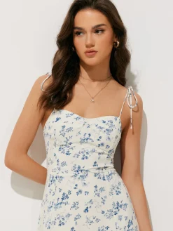 COMMENSE Floral Print Shirred Cami Long Dress* White Dresses|Casual Dresses