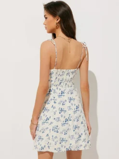 COMMENSE Floral Print Shirred Cami Long Dress* White Dresses|Casual Dresses