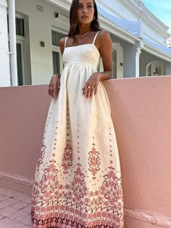 COMMENSE Floral Print Spaghetti Strap Long Dress* Casual Dresses|Floral Dresses
