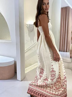 COMMENSE Floral Print Spaghetti Strap Long Dress* White Dresses|Casual Dresses