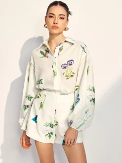 COMMENSE Floral Printed Lapel Long Sleeve Shorts Set* Shorts Sets|Shorts