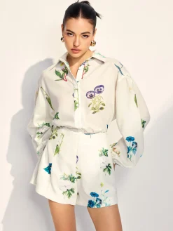 COMMENSE Floral Printed Lapel Long Sleeve Shorts Set* Shorts Sets|Shorts