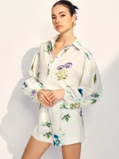 COMMENSE Floral Printed Lapel Long Sleeve Shorts Set* Shorts Sets|Shorts