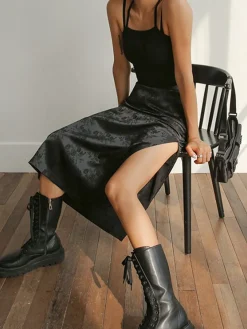 COMMENSE Floral Satin Slit Midi Skirt* Skirts|Bottoms